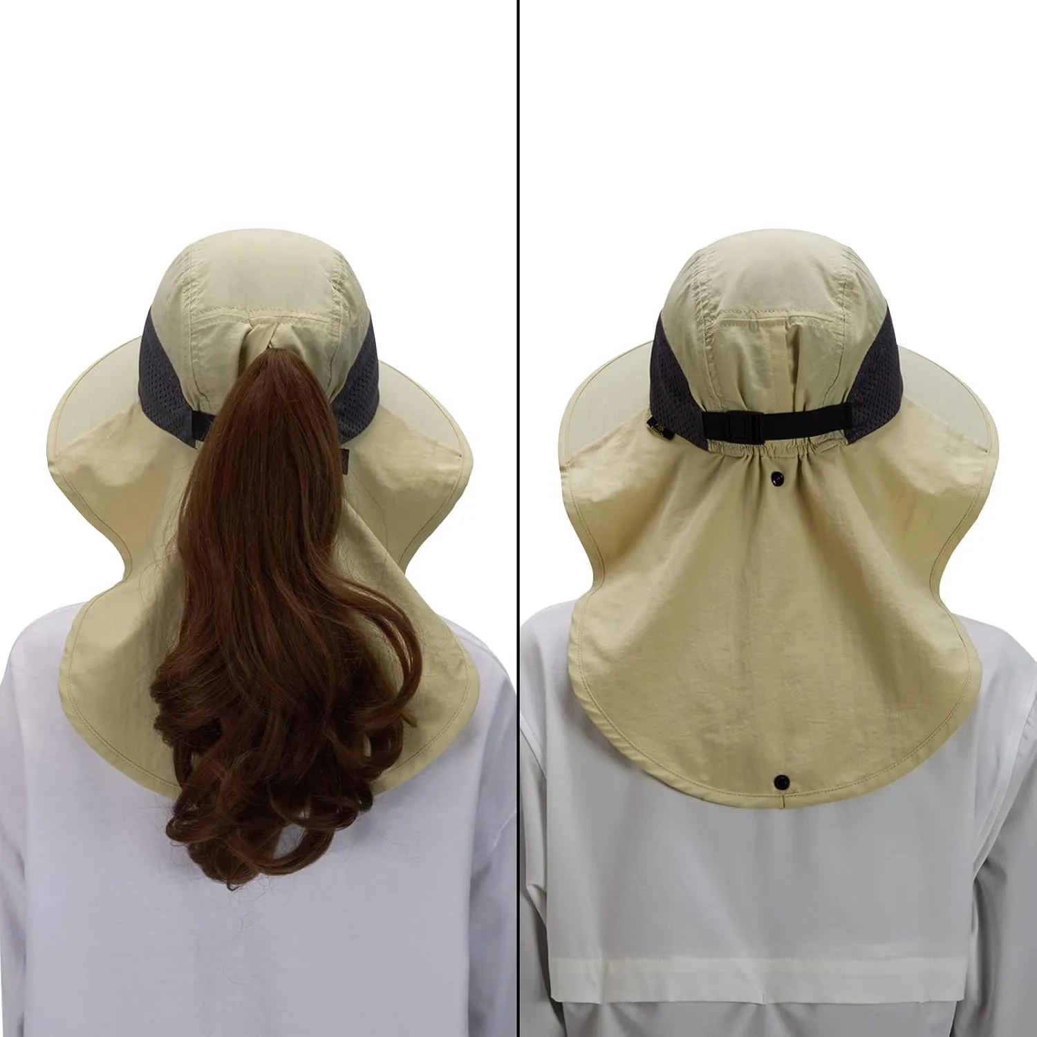 BASSDASH UPF 50  Unisex Water Resistant Wide Brim Sun Hat with Large Neck Flap Ponytail Fishing Hat for Men Women