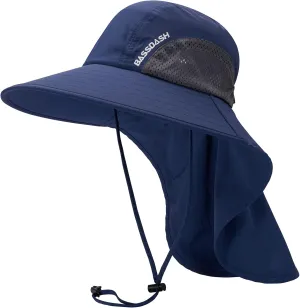BASSDASH UPF 50  Unisex Water Resistant Wide Brim Sun Hat with Large Neck Flap Ponytail Fishing Hat for Men Women