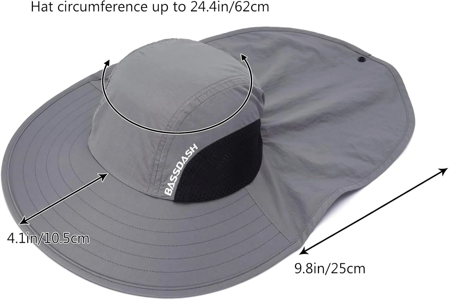 BASSDASH UPF 50  Unisex Water Resistant Wide Brim Sun Hat with Large Neck Flap Ponytail Fishing Hat for Men Women