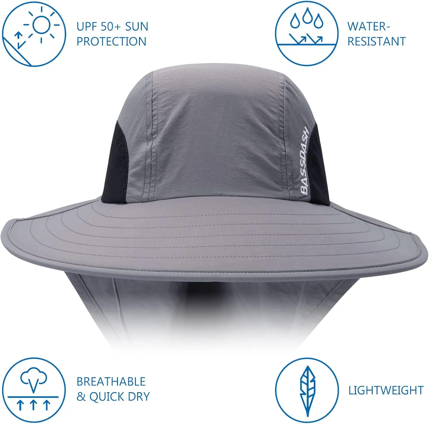 BASSDASH UPF 50  Unisex Water Resistant Wide Brim Sun Hat with Large Neck Flap Ponytail Fishing Hat for Men Women