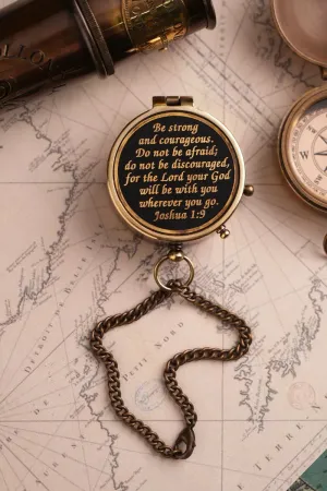 Be Strong and Courageous Do Not Be Afraid Brass Engraved Compass Black dial, with Stamped Wooden case, Birthday Gifts, Confirmation Gifts Ideas, Baptism Gifts,