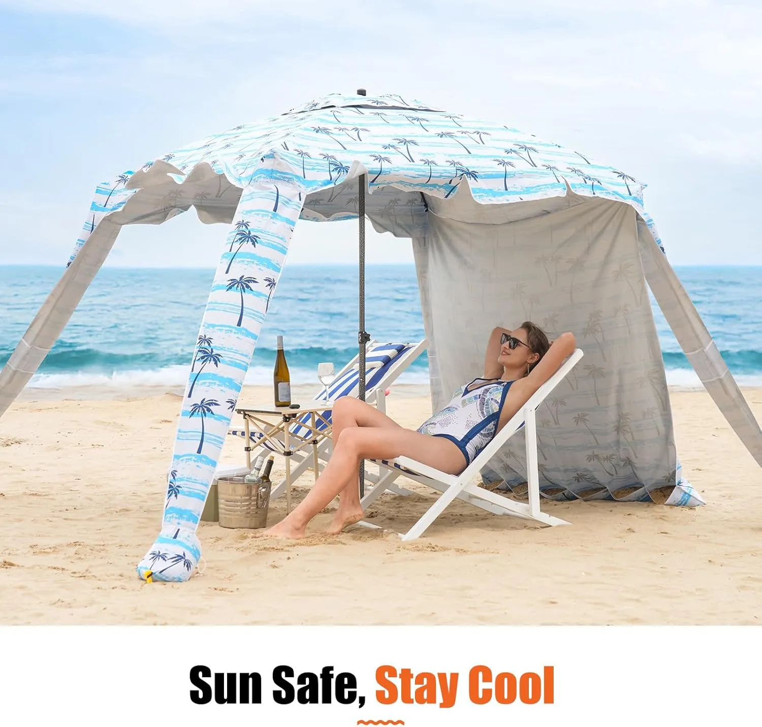 Beach Cabana - 6FT Beach Umbrella with UPF 100  UV Protection & Sunshade Curtain - Waterproof Tent - Portable Shade, Easy to Set Up, Perfect for Family & Friends (Coconut Tree)