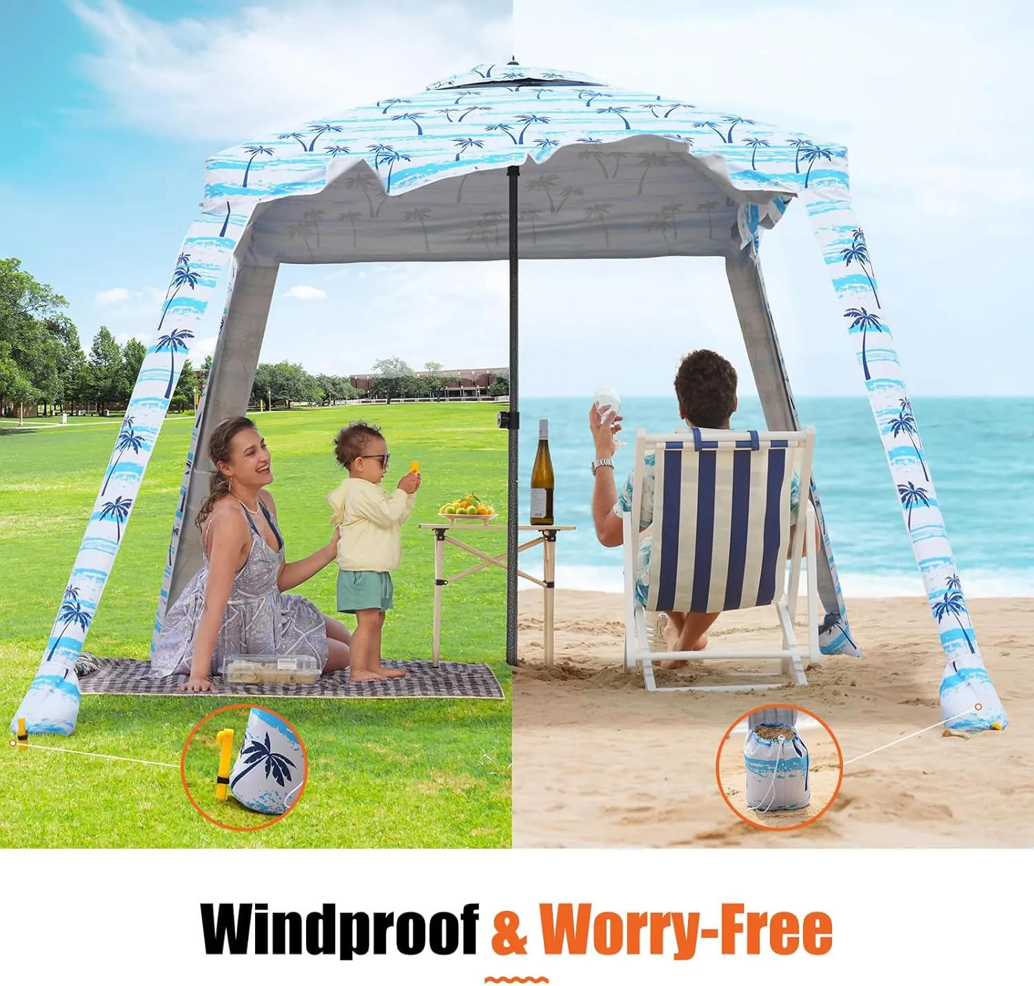 Beach Cabana - 6FT Beach Umbrella with UPF 100  UV Protection & Sunshade Curtain - Waterproof Tent - Portable Shade, Easy to Set Up, Perfect for Family & Friends (Coconut Tree)