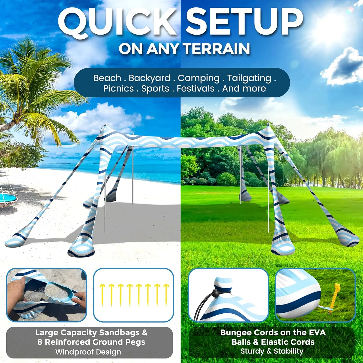 Beach Canopy Beach Tent Pop Up Shade 10x10ft Sun Shelter UPF50  with 8 Sandbags-2 Sand Shovel-4 Aluminum Poles-Ground Pegs-Portable Carrying Bag for Outdoor Family Camping Fishing Yard Picnic