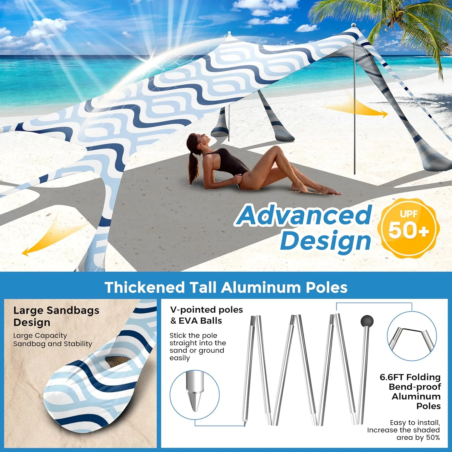 Beach Canopy Beach Tent Pop Up Shade 10x10ft Sun Shelter UPF50  with 8 Sandbags-2 Sand Shovel-4 Aluminum Poles-Ground Pegs-Portable Carrying Bag for Outdoor Family Camping Fishing Yard Picnic