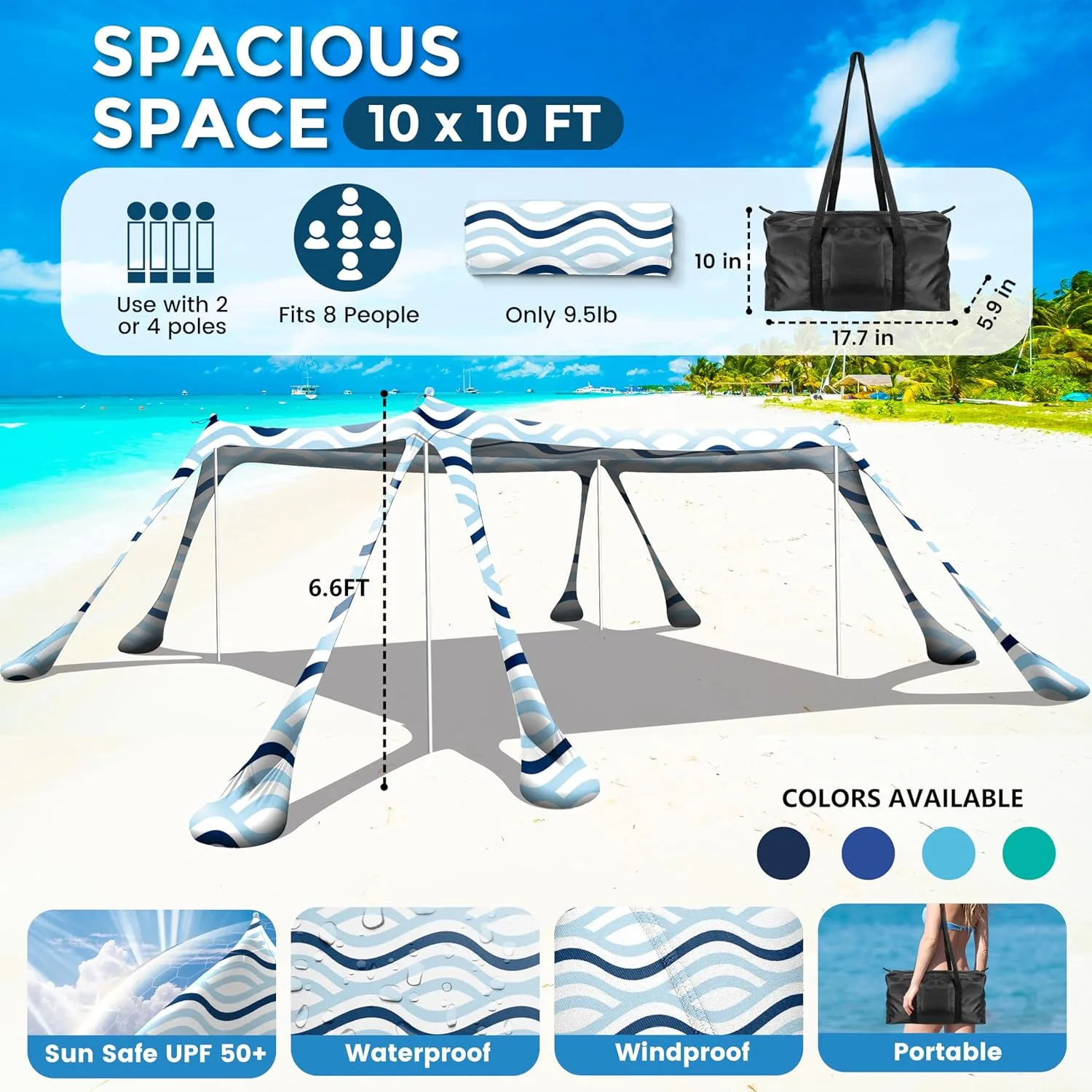 Beach Canopy Beach Tent Pop Up Shade 10x10ft Sun Shelter UPF50  with 8 Sandbags-2 Sand Shovel-4 Aluminum Poles-Ground Pegs-Portable Carrying Bag for Outdoor Family Camping Fishing Yard Picnic