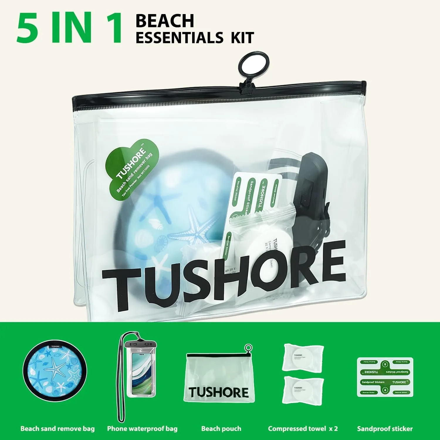 Beach Essentials Kits [5 Piece in 1], Beach Sand Remover, Waterproof Phone Pouch Case, Clear Toiletry Bag Beach Bag, Compressed Towel Tablets, Sandproof Sticker
