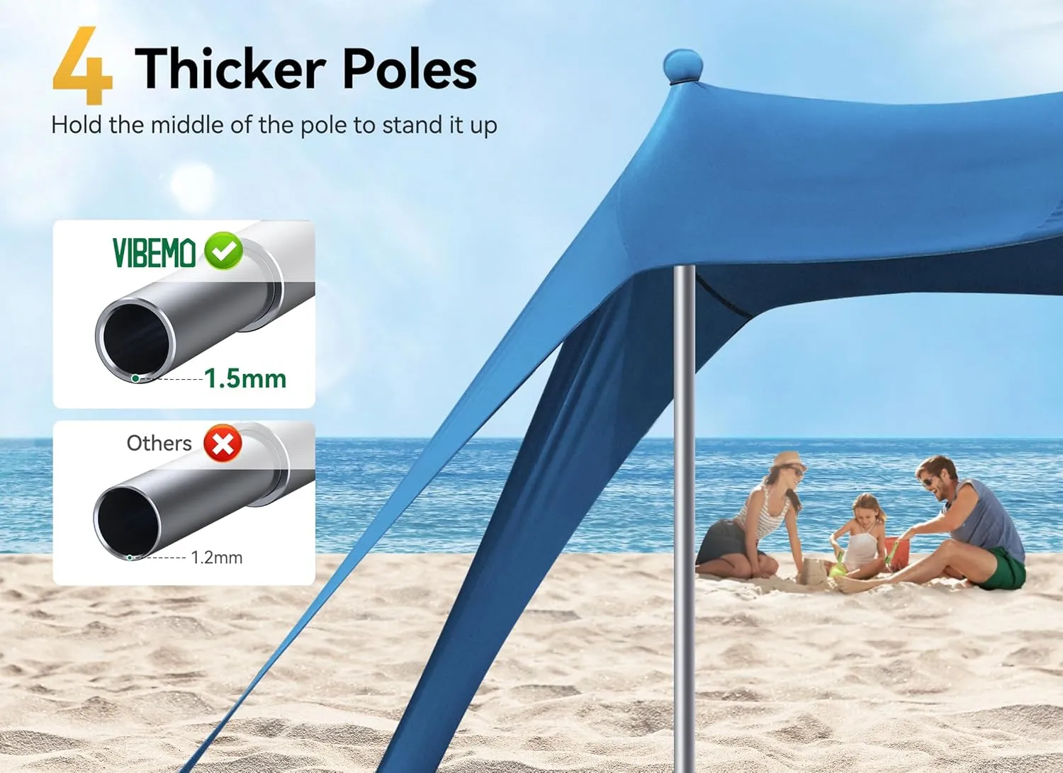 Beach Tent, Beach Canopy Sun Shade with UPF50  UV Protection, 10x10ft, Includes 8 Sandbags, Sand Shovel, Ground Pegs & 4 Stability Poles, Pop Up Sun Shelter for Camping, Picnics, Backyard Fun