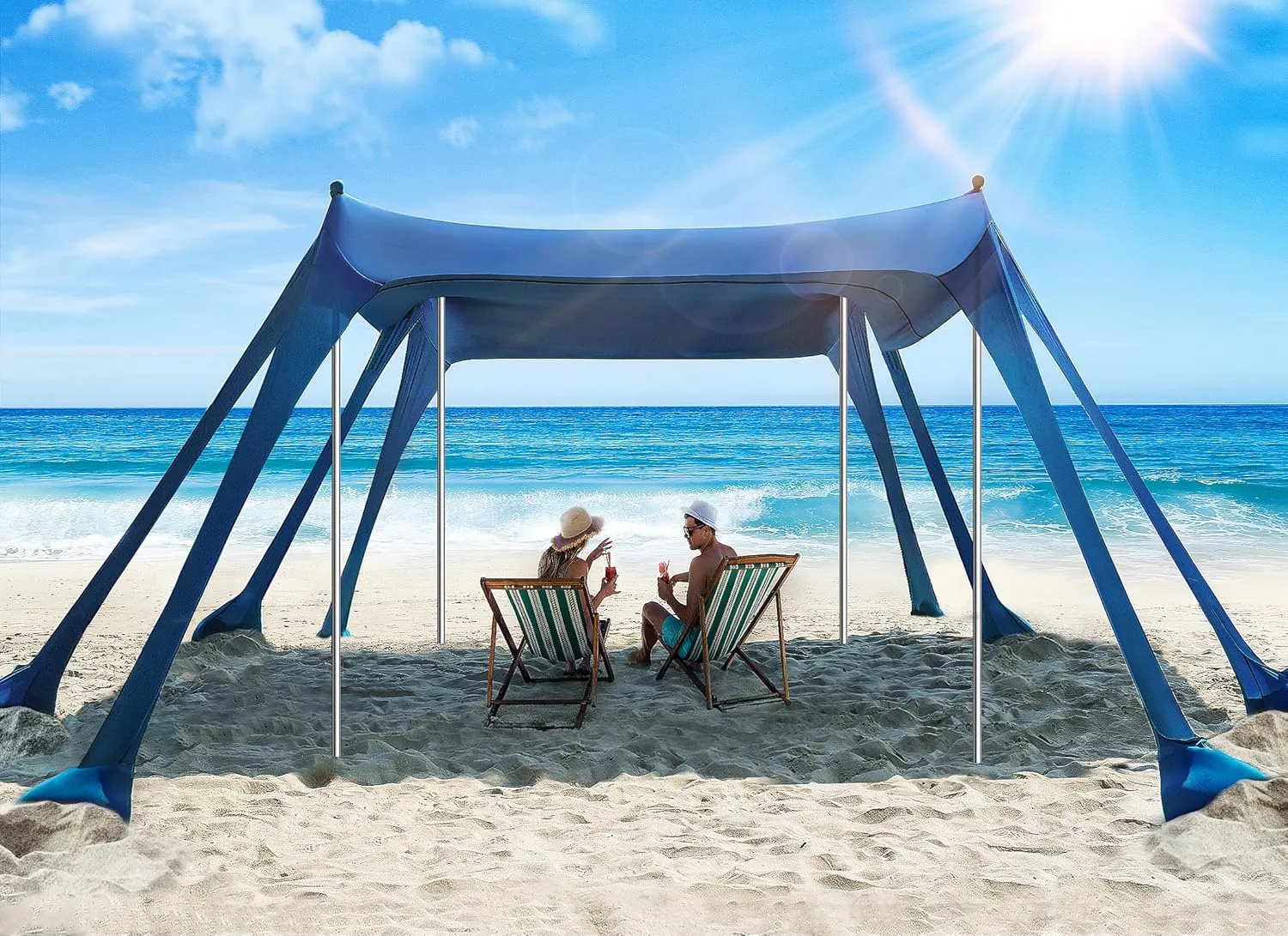 Beach Tent, Beach Canopy Sun Shade with UPF50  UV Protection, 10x10ft, Includes 8 Sandbags, Sand Shovel, Ground Pegs & 4 Stability Poles, Pop Up Sun Shelter for Camping, Picnics, Backyard Fun