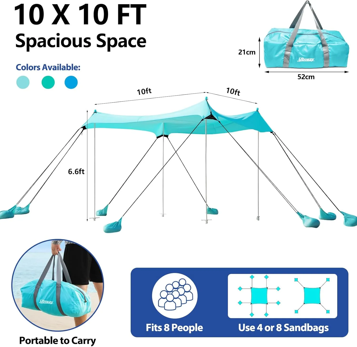 Beach Tent, Camping Tent UPF50  with 8 Sandbags, Beach Essentials for 6-12 Persons, Beach Shade Canopy with Stability Poles and Big Ground Pegs, Pop Up Canopy for Camping, Picnics, 10X10FT Turquoise