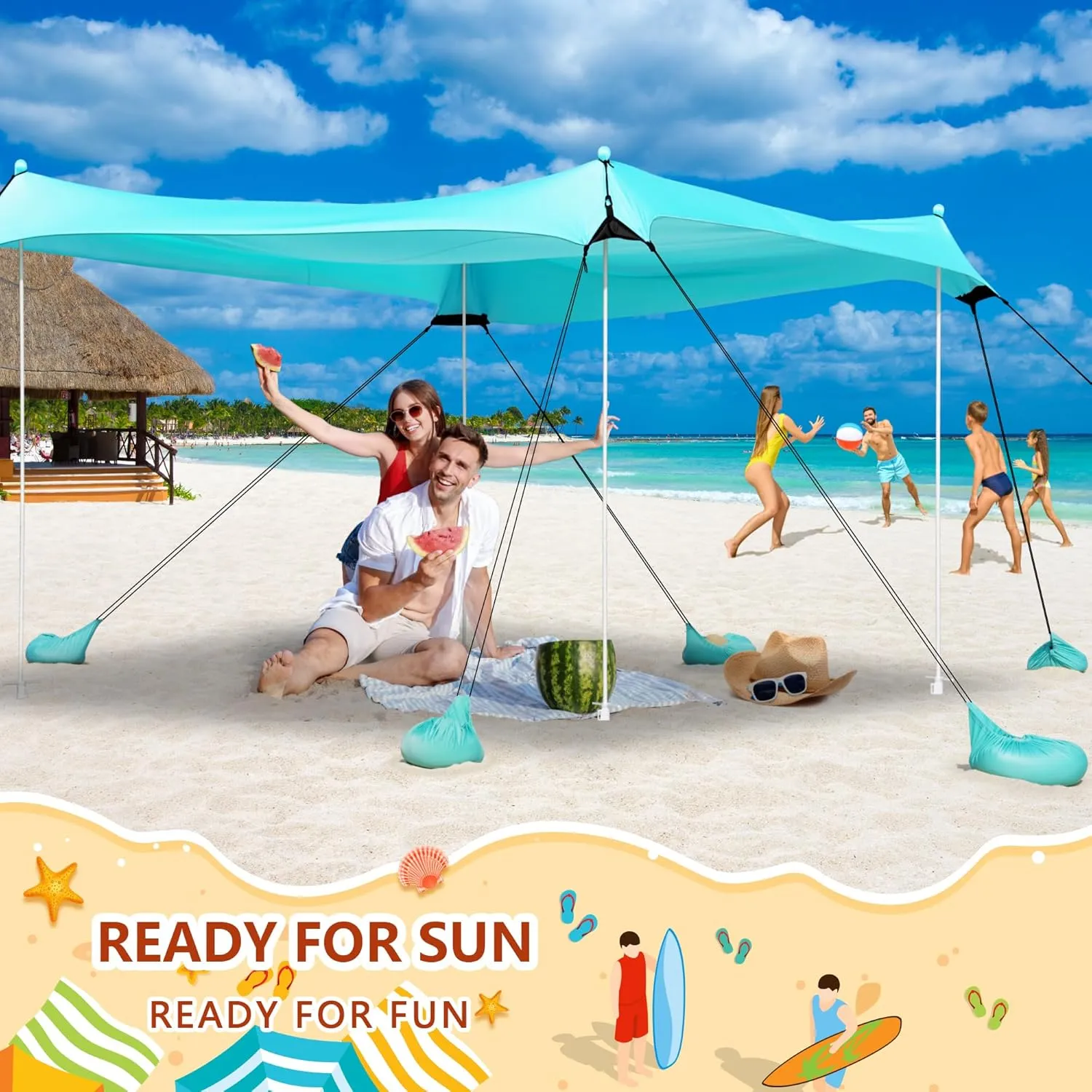 Beach Tent, Camping Tent UPF50  with 8 Sandbags, Beach Essentials for 6-12 Persons, Beach Shade Canopy with Stability Poles and Big Ground Pegs, Pop Up Canopy for Camping, Picnics, 10X10FT Turquoise