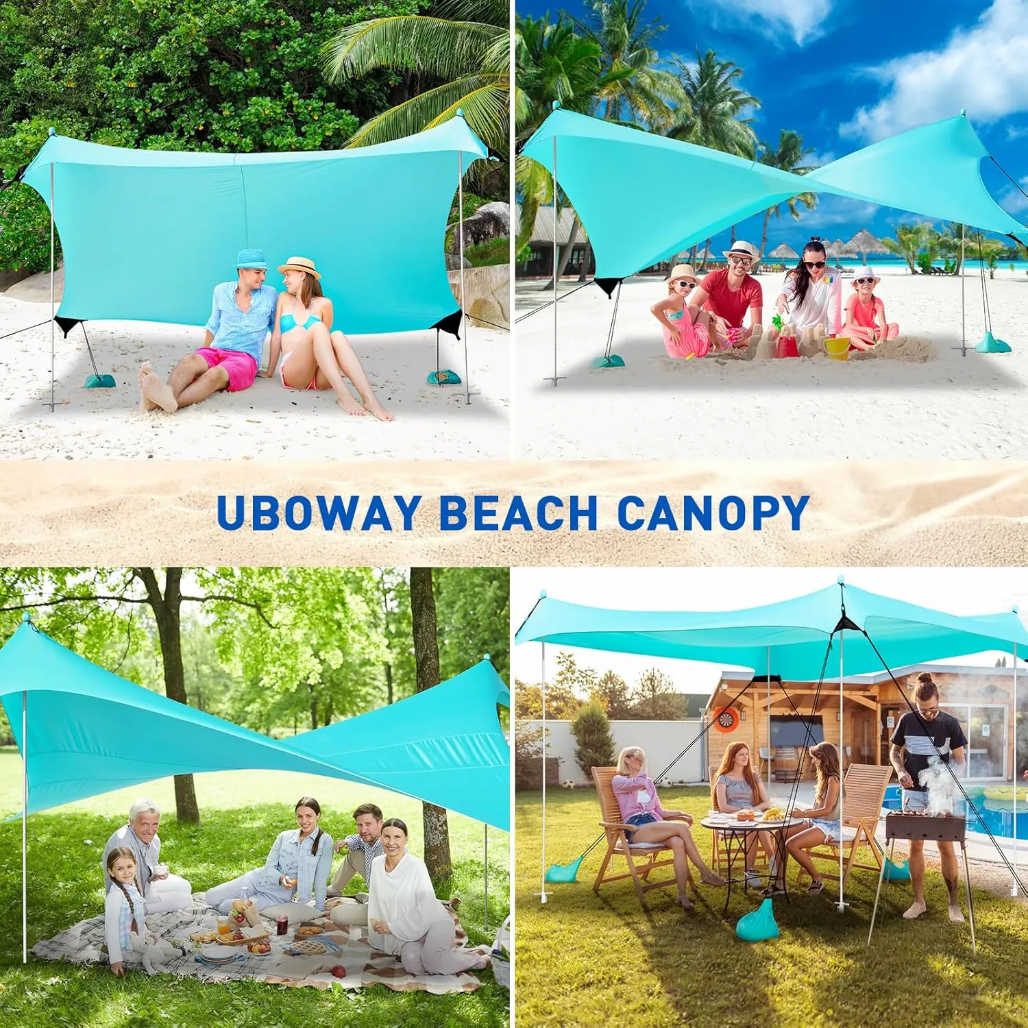 Beach Tent, Camping Tent UPF50  with 8 Sandbags, Beach Essentials for 6-12 Persons, Beach Shade Canopy with Stability Poles and Big Ground Pegs, Pop Up Canopy for Camping, Picnics, 10X10FT Turquoise