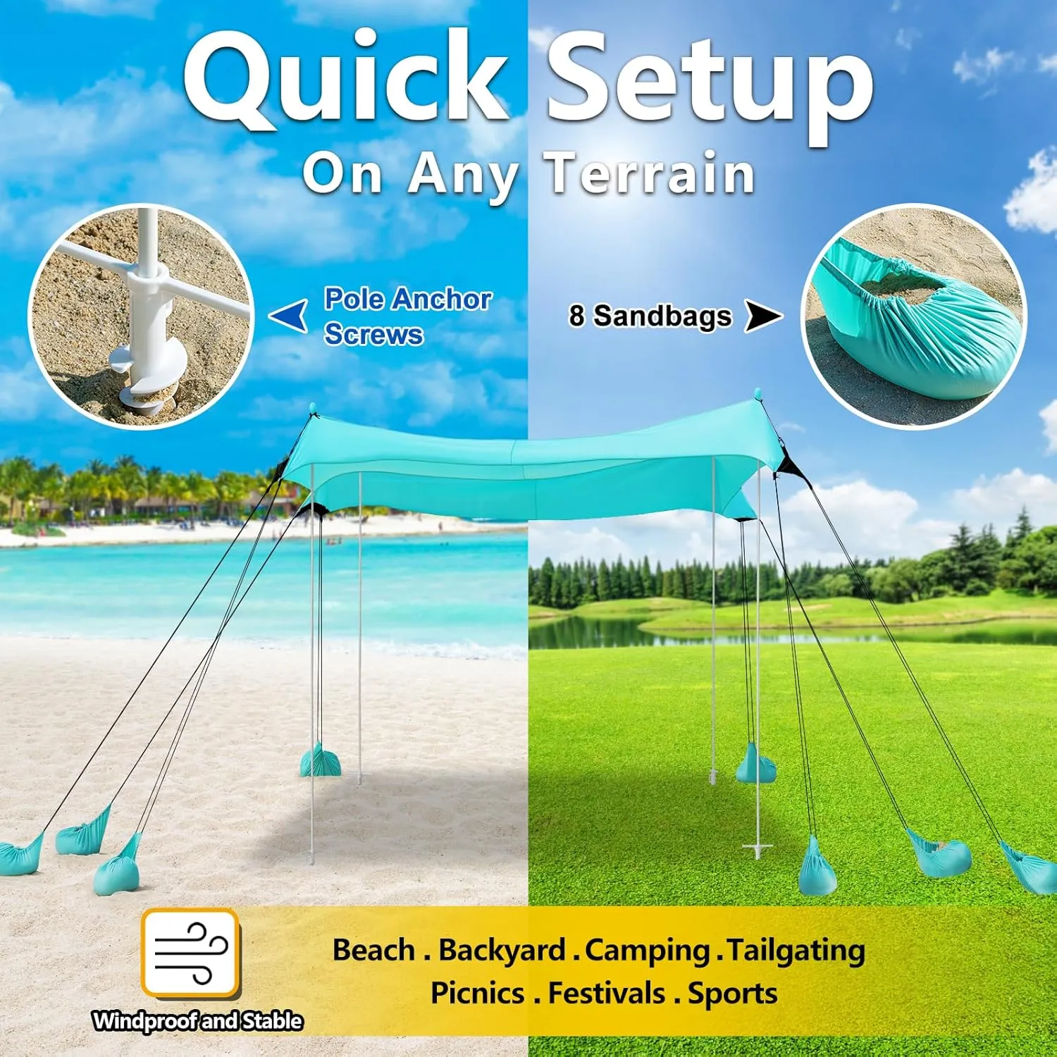 Beach Tent, Camping Tent UPF50  with 8 Sandbags, Beach Essentials for 6-12 Persons, Beach Shade Canopy with Stability Poles and Big Ground Pegs, Pop Up Canopy for Camping, Picnics, 10X10FT Turquoise
