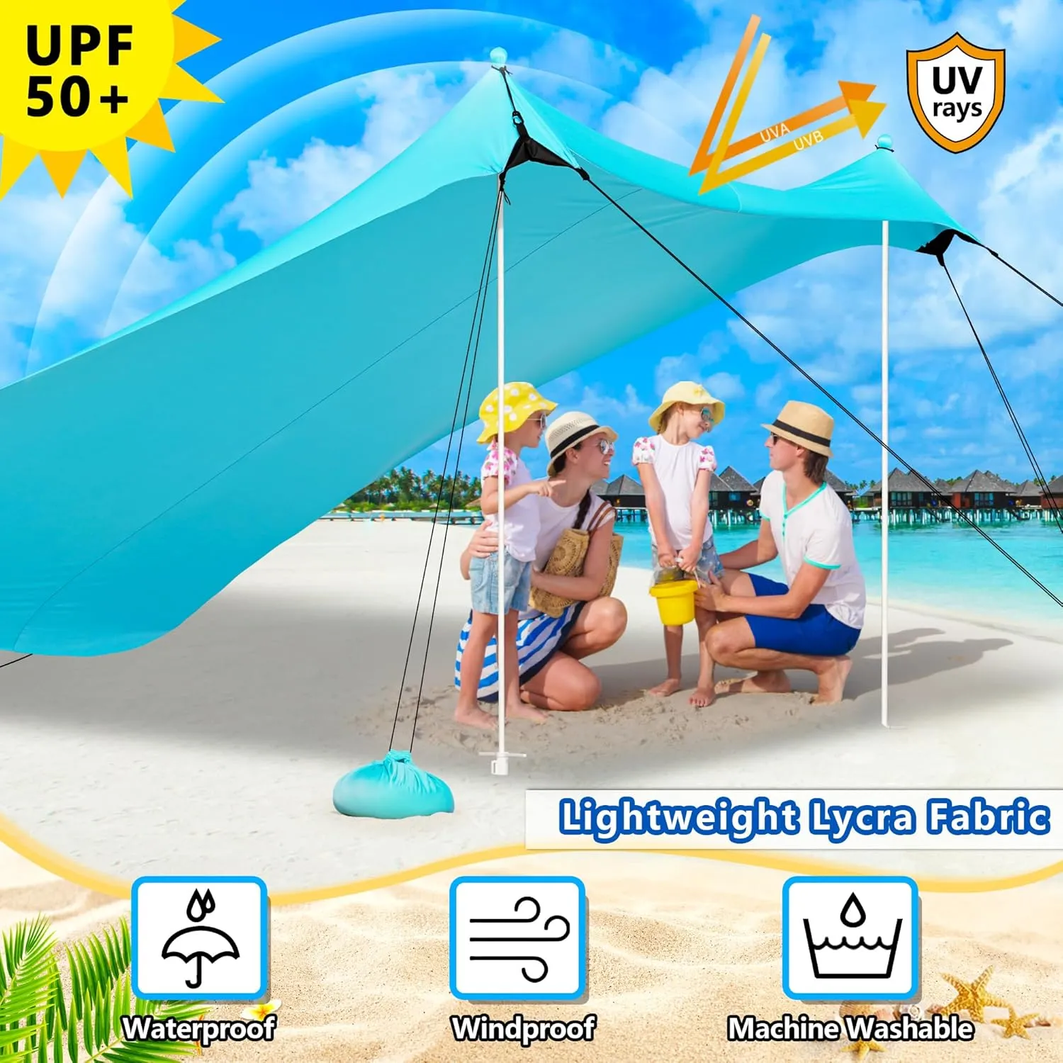 Beach Tent, Camping Tent UPF50  with 8 Sandbags, Beach Essentials for 6-12 Persons, Beach Shade Canopy with Stability Poles and Big Ground Pegs, Pop Up Canopy for Camping, Picnics, 10X10FT Turquoise