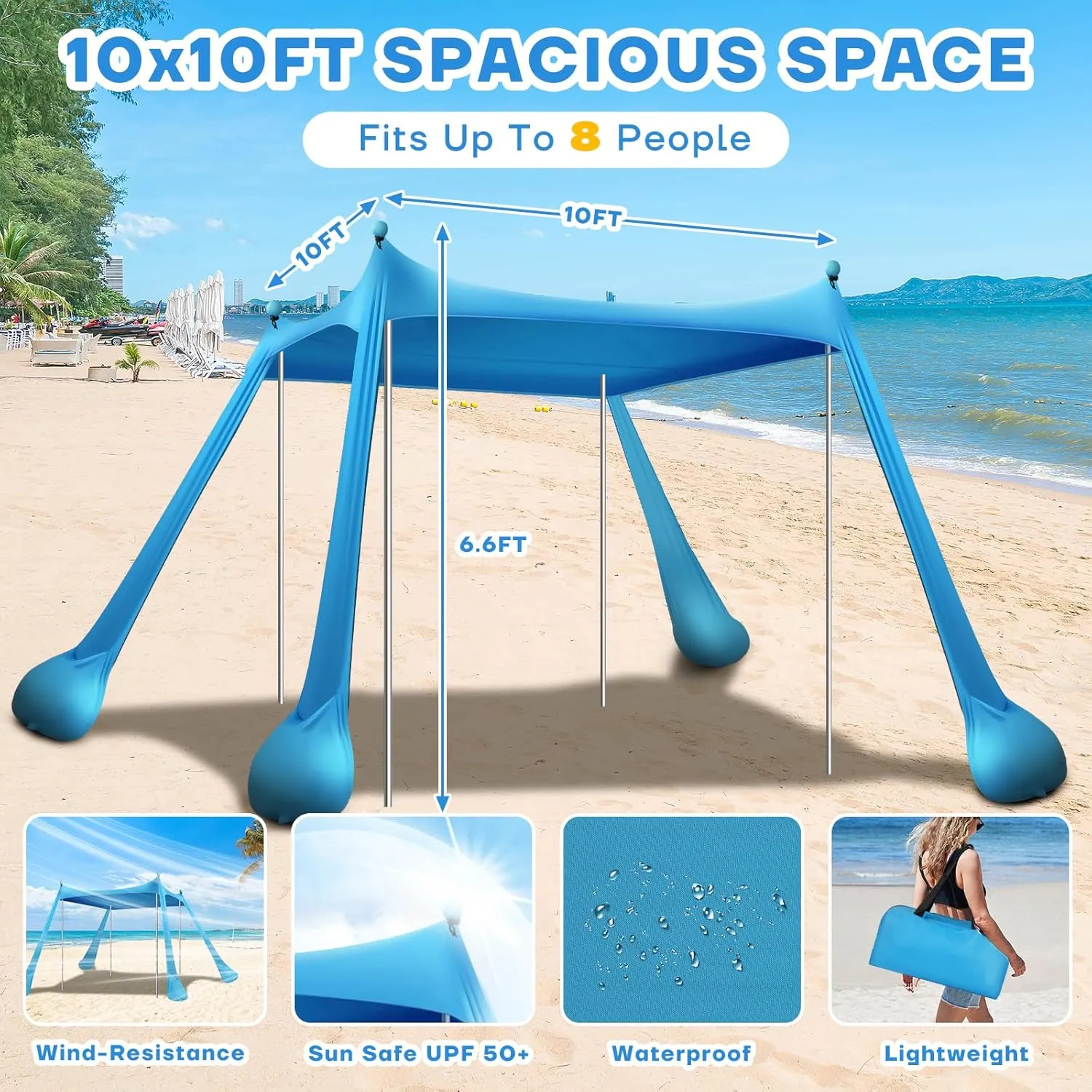 Beach Tent Canopy UPF50  Protection, 10x10FT Beach Shade Sun Shelter Pop Up with 4 Stability Poles, Sandbags, Sand Shovels, Ground Pegs, Carrying Bag for Outdoor Family Camping Fishing Picnics