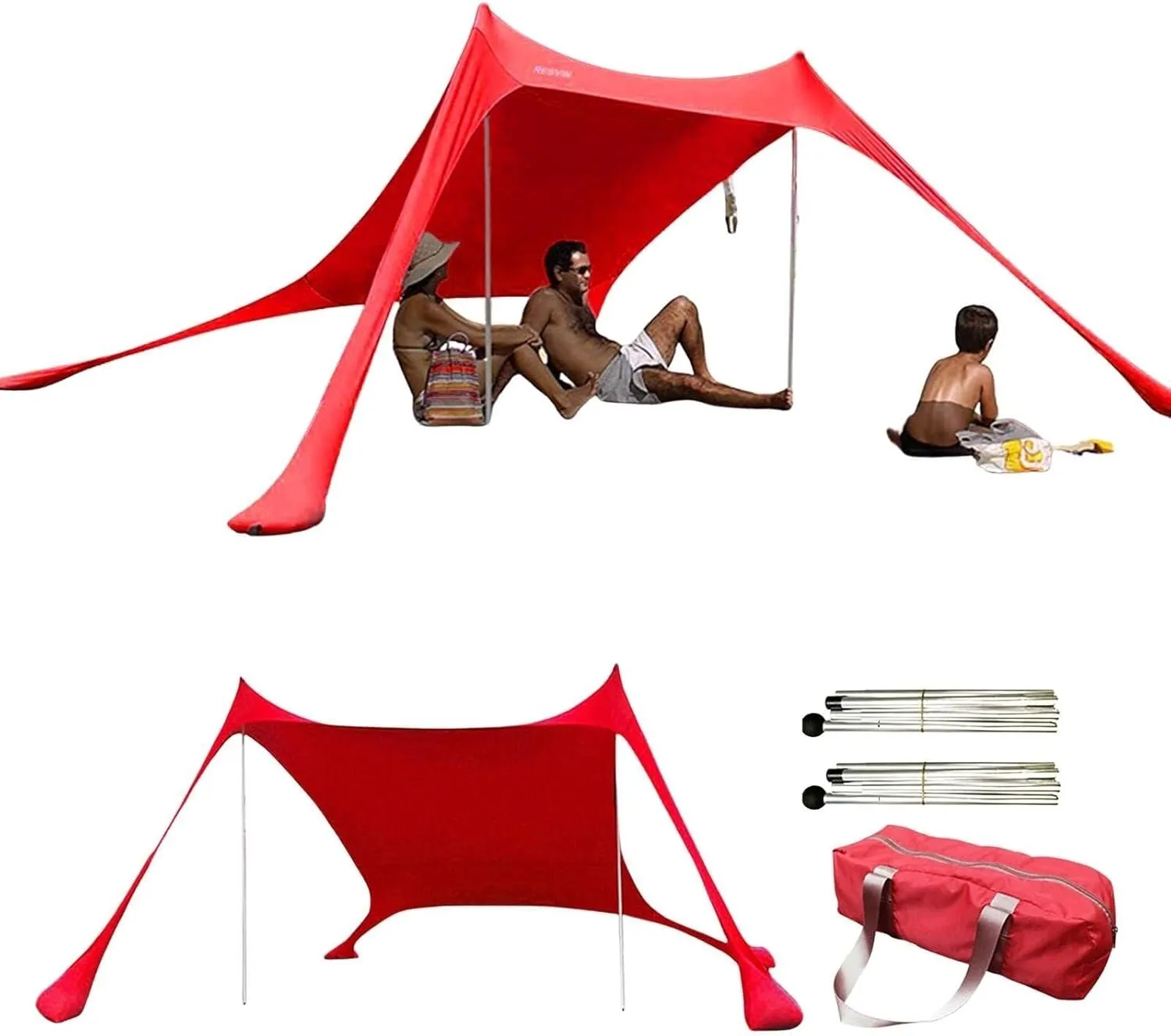 Beach Tent, Sun Protection Awning, Beach Shelter, Portable Sun Canopy Shade Tent, Outdoor UV Resistant Patio Beach Tent with Carrying Travel Bag(Red,300x300x200cm)