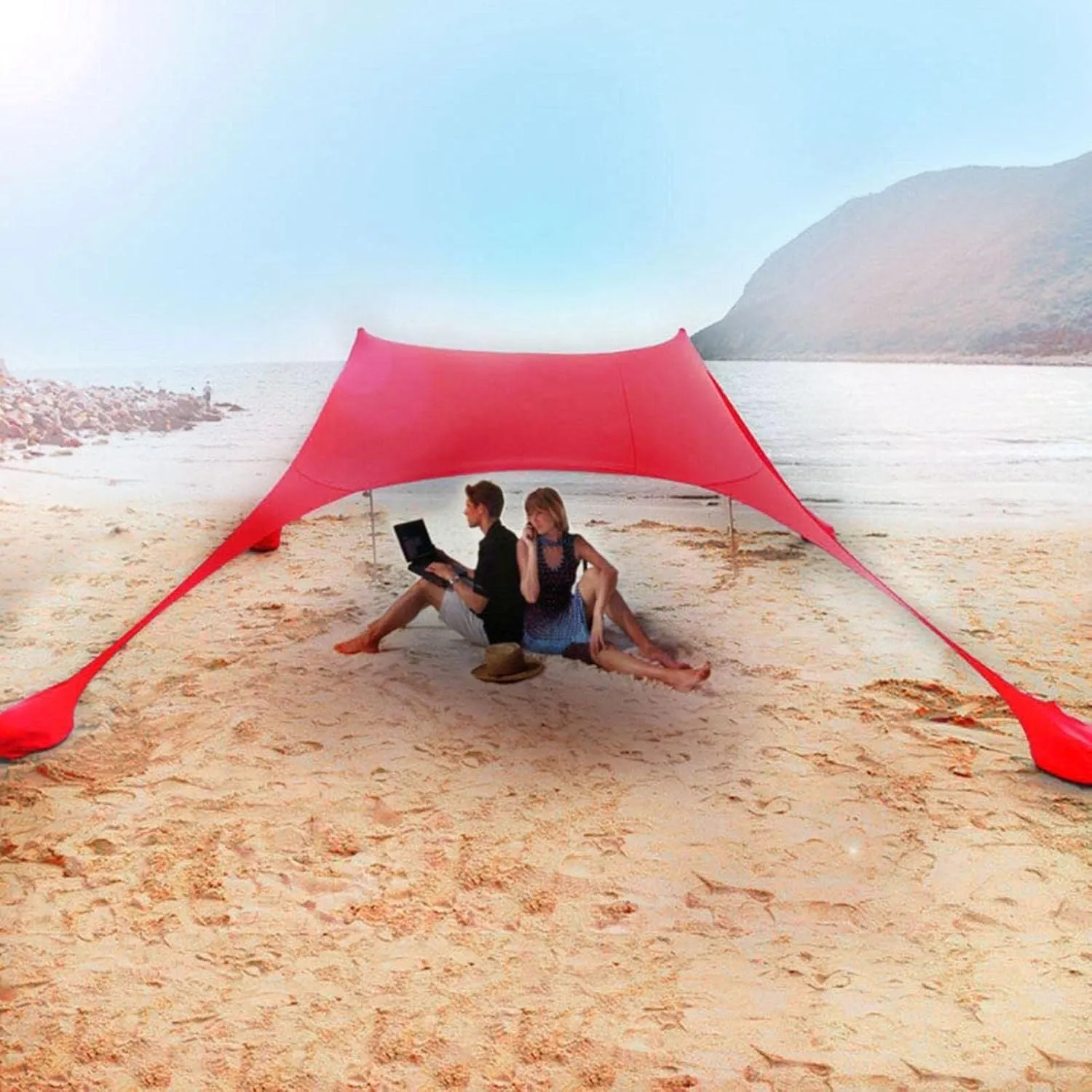 Beach Tent, Sun Protection Awning, Beach Shelter, Portable Sun Canopy Shade Tent, Outdoor UV Resistant Patio Beach Tent with Carrying Travel Bag(Red,300x300x200cm)