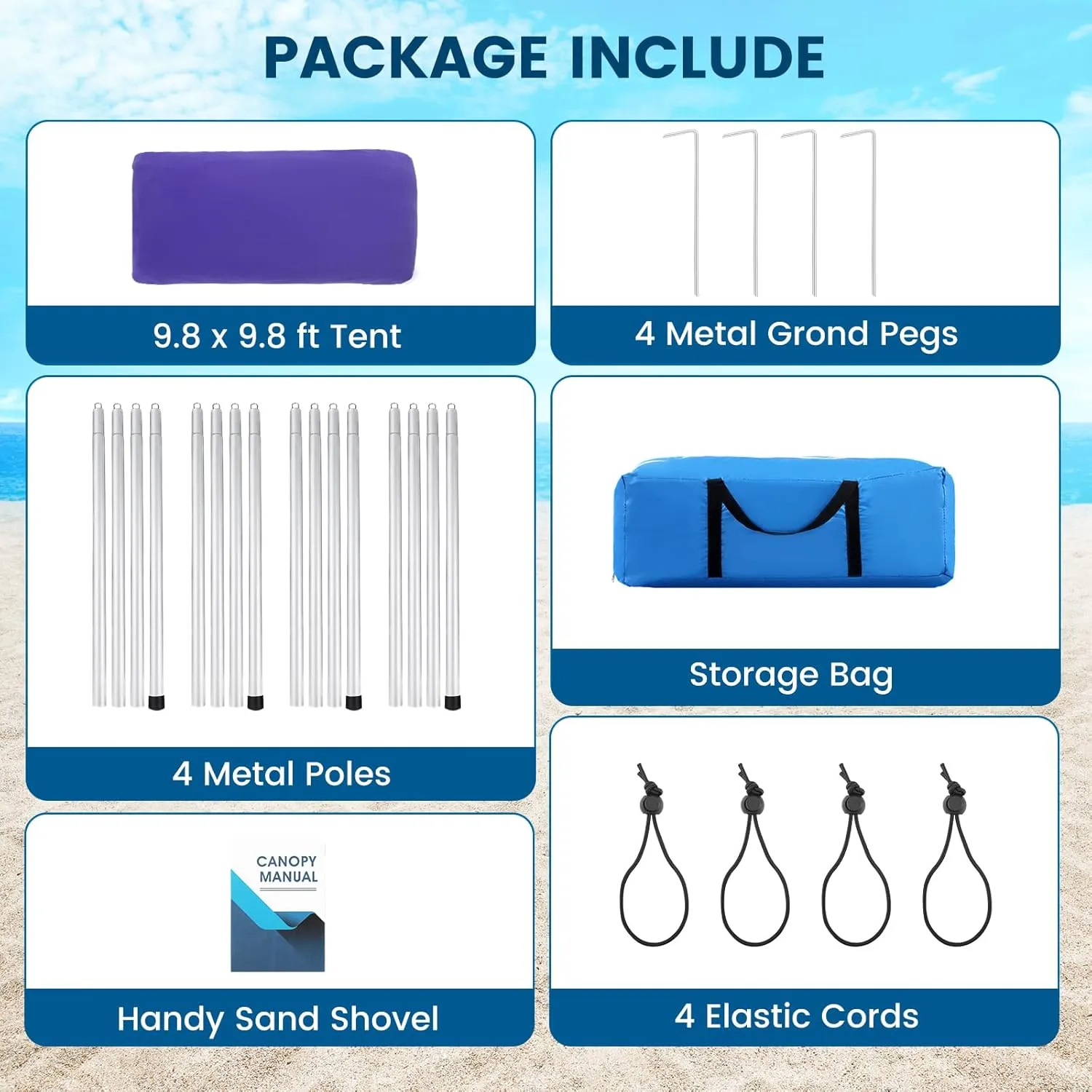 Beach Tent Sun Shelter - 10 x 10 Ft Beach Canopy UPF50  UV Protection with Sandbags, Poles, Grond Pegs and Anti-Wind Ropes for Camping, Fishing, Backyard and Picnics