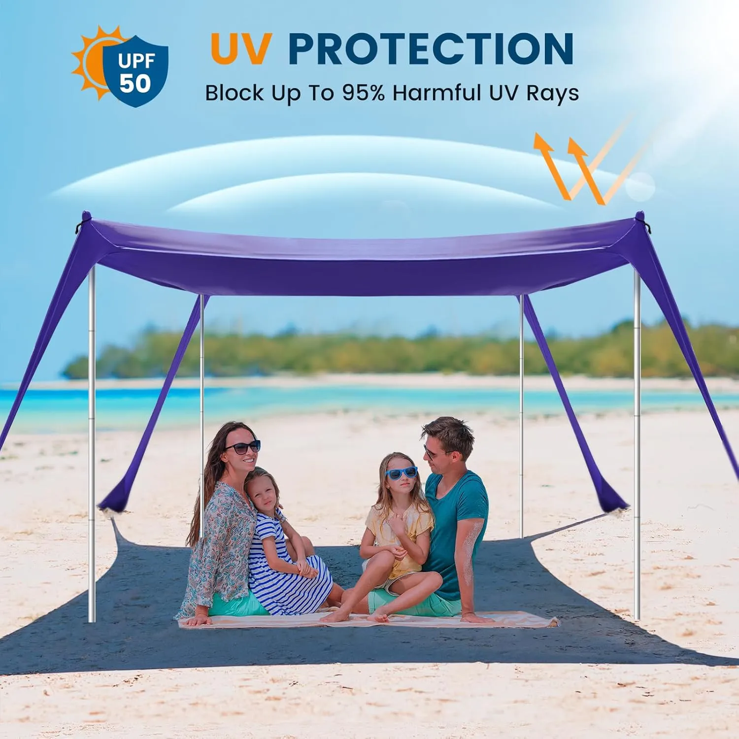 Beach Tent Sun Shelter - 10 x 10 Ft Beach Canopy UPF50  UV Protection with Sandbags, Poles, Grond Pegs and Anti-Wind Ropes for Camping, Fishing, Backyard and Picnics