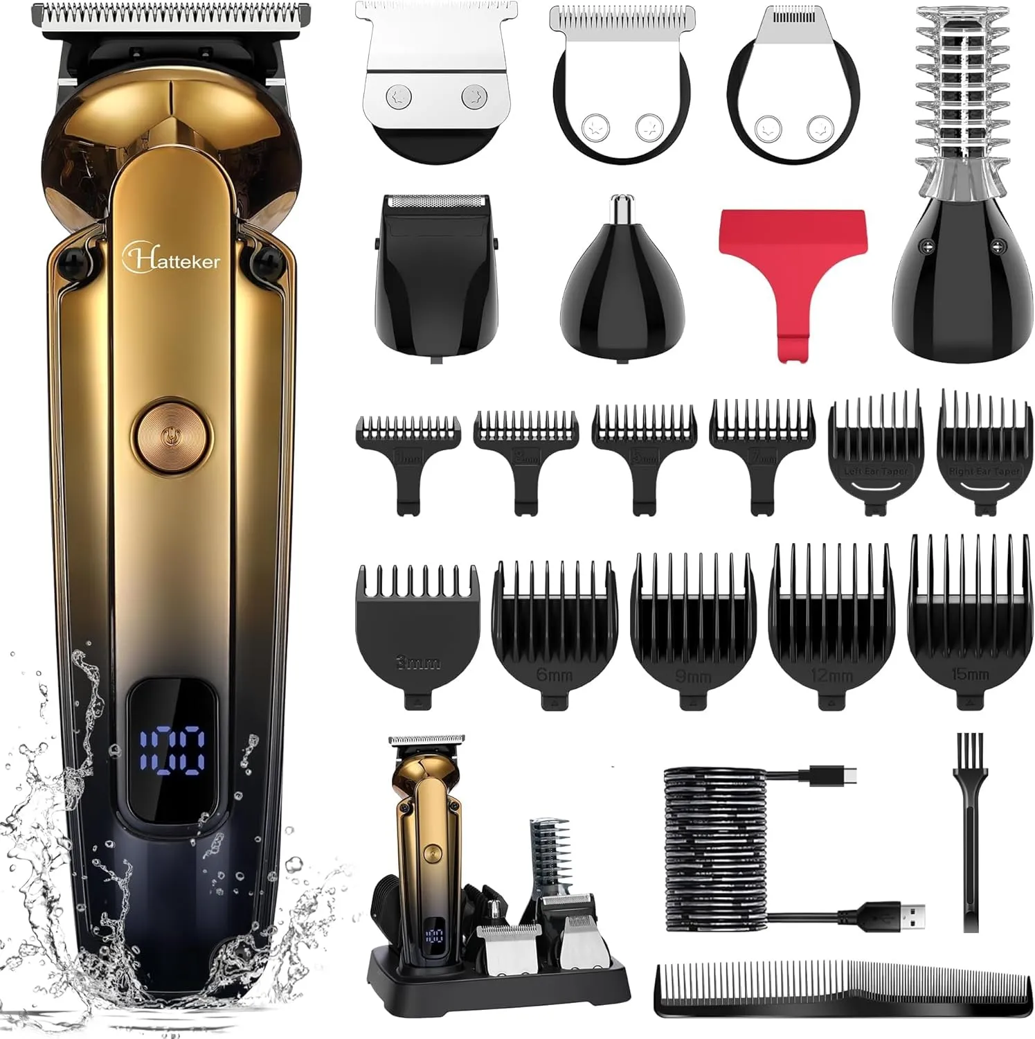 Beard Trimmer for Men, 6-in-1 Cordless Hair Clipper & Electric Razor, Zero-Gapped T-Blade, Waterproof Nose, Ear, Beard & Body Grooming Kit with LED Display, Professional Shaver (Gold)