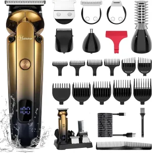Beard Trimmer for Men, 6-in-1 Cordless Hair Clipper & Electric Razor, Zero-Gapped T-Blade, Waterproof Nose, Ear, Beard & Body Grooming Kit with LED Display, Professional Shaver (Gold)