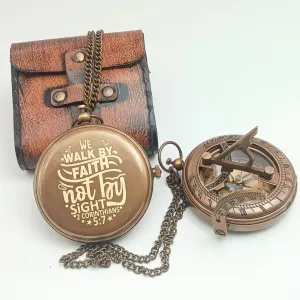 Behinde You Engraved Sundial Compass with Leather case. We Walk by Faith Not by Sight Corinthians 5:7 Compass. Personalized Brass Pocket Compass Gifts for Men, Him, Son