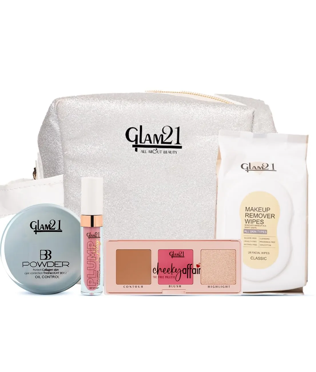 BEMT Makeup Kit for Women with 2-in-1 Compact Powder, Cheeky Affair Face Palette, Makeup Remover Wipes, Lip Plumper & Travel-Friendly Cosmetic Pouch
