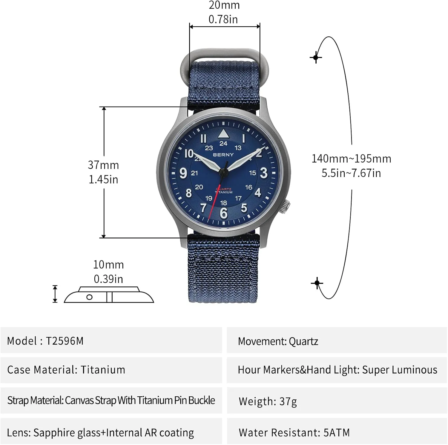 BERNY Titanium Watches for Men Japanese Sweep Second Quartz Movement Men's Field Wrist Watch 5ATM Waterproof Military Wristwatch for Men and Women Luminous Unisex Analog Sport Watches