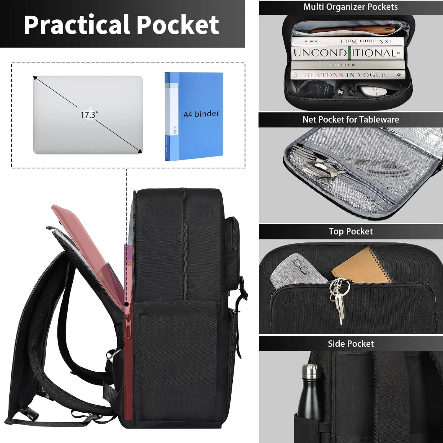 BERTASCHE Laptop Backpack 17.3 inch with Cooler Lunch Box, Work Backpack for Lunch College Business, Water Resistant Large Computer Backpack for Men Women