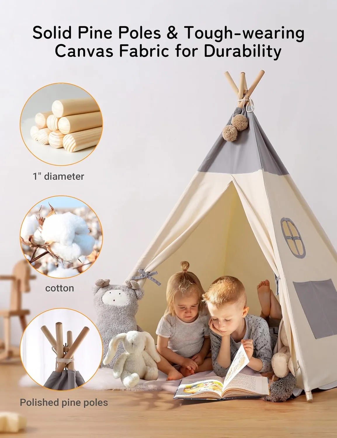 besrey Teepee Tent for Kids with Light & Mat, Toddler Tents Indoor Play Tent Playhouse, Toddler Tipi Cotton, tee Pee Tents for Kids Indoor, Boys & Girls Teepee,Children Room Playhouse