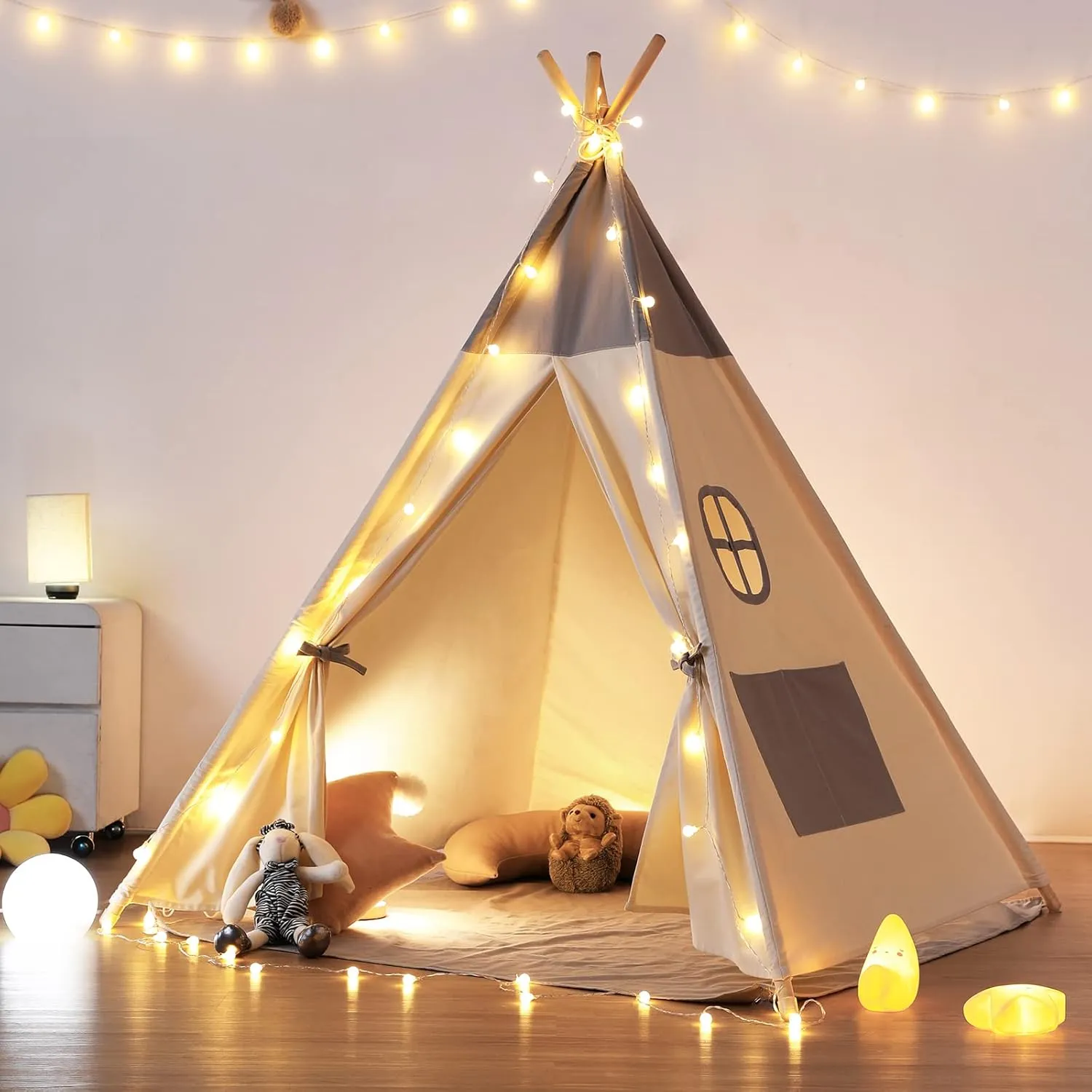 besrey Teepee Tent for Kids with Light & Mat, Toddler Tents Indoor Play Tent Playhouse, Toddler Tipi Cotton, tee Pee Tents for Kids Indoor, Boys & Girls Teepee,Children Room Playhouse