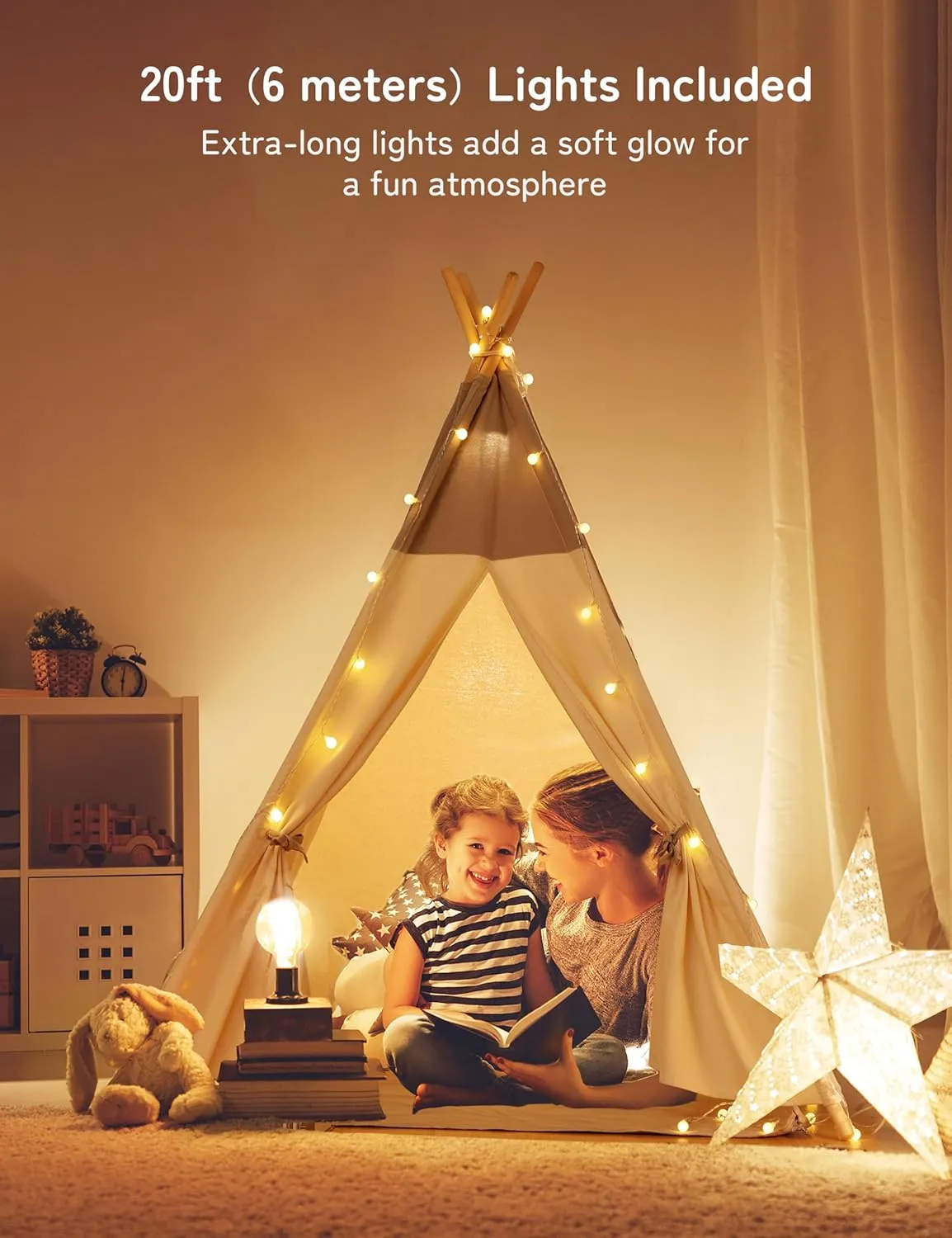 besrey Teepee Tent for Kids with Light & Mat, Toddler Tents Indoor Play Tent Playhouse, Toddler Tipi Cotton, tee Pee Tents for Kids Indoor, Boys & Girls Teepee,Children Room Playhouse