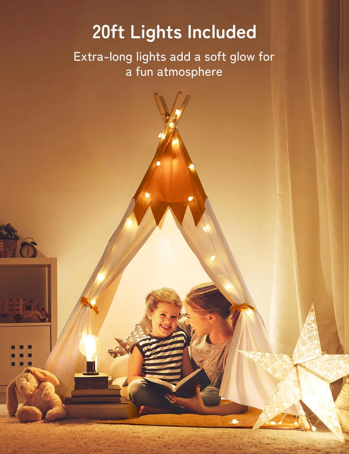 Besrey Toddler Teepee With Padded Mat and Lights - Kids Indoor Play Tent, Large Canvas Cotton Tipee for Children