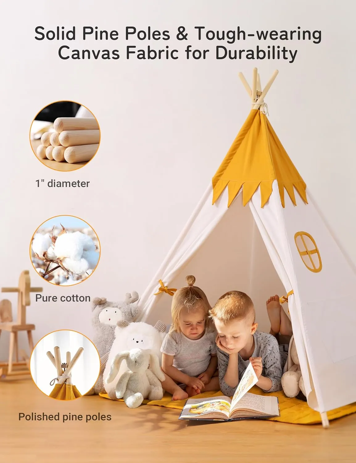 Besrey Toddler Teepee With Padded Mat and Lights - Kids Indoor Play Tent, Large Canvas Cotton Tipee for Children