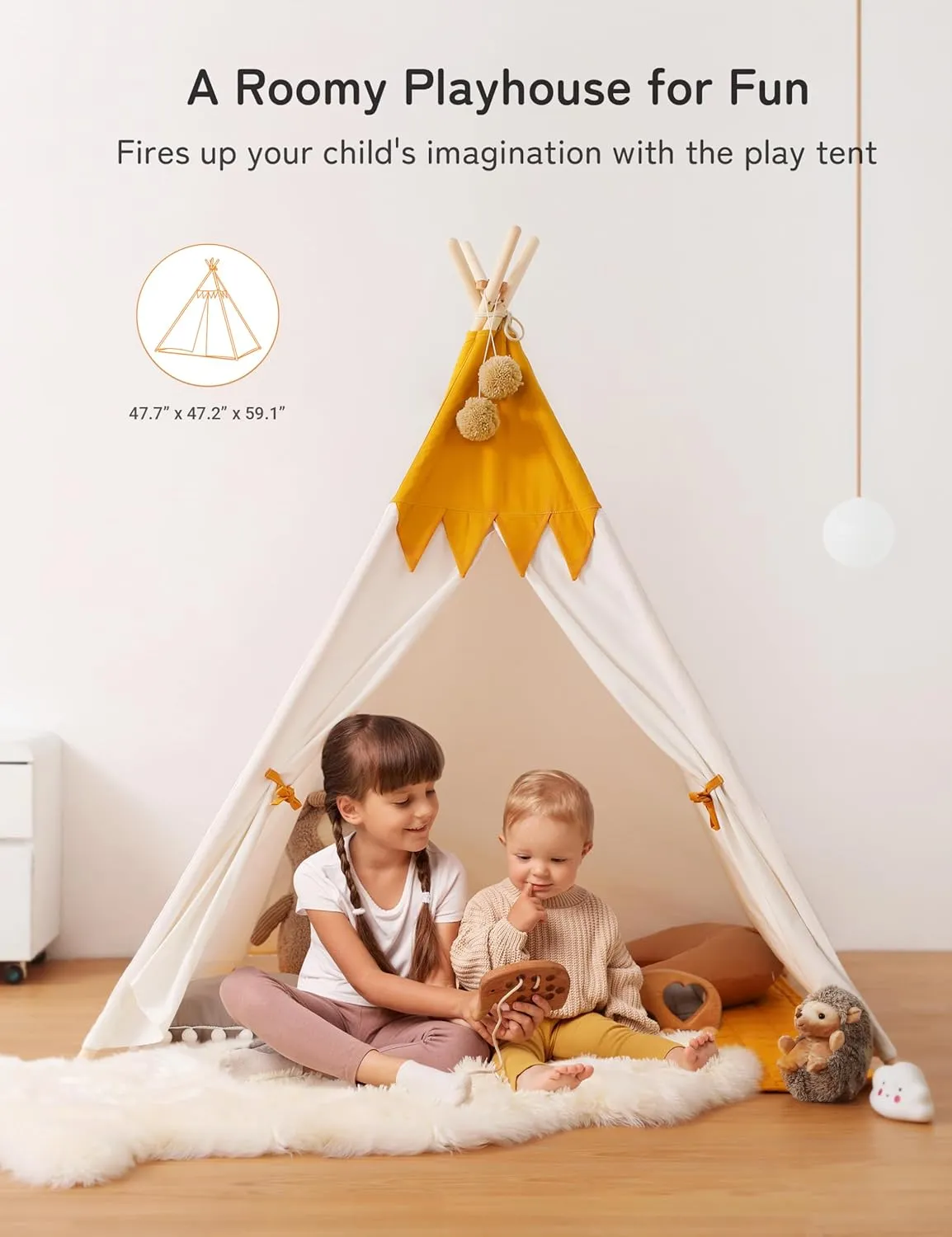 Besrey Toddler Teepee With Padded Mat and Lights - Kids Indoor Play Tent, Large Canvas Cotton Tipee for Children