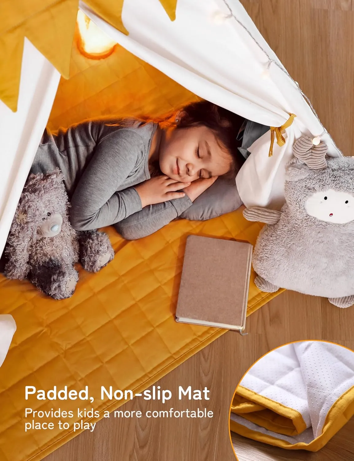 Besrey Toddler Teepee With Padded Mat and Lights - Kids Indoor Play Tent, Large Canvas Cotton Tipee for Children