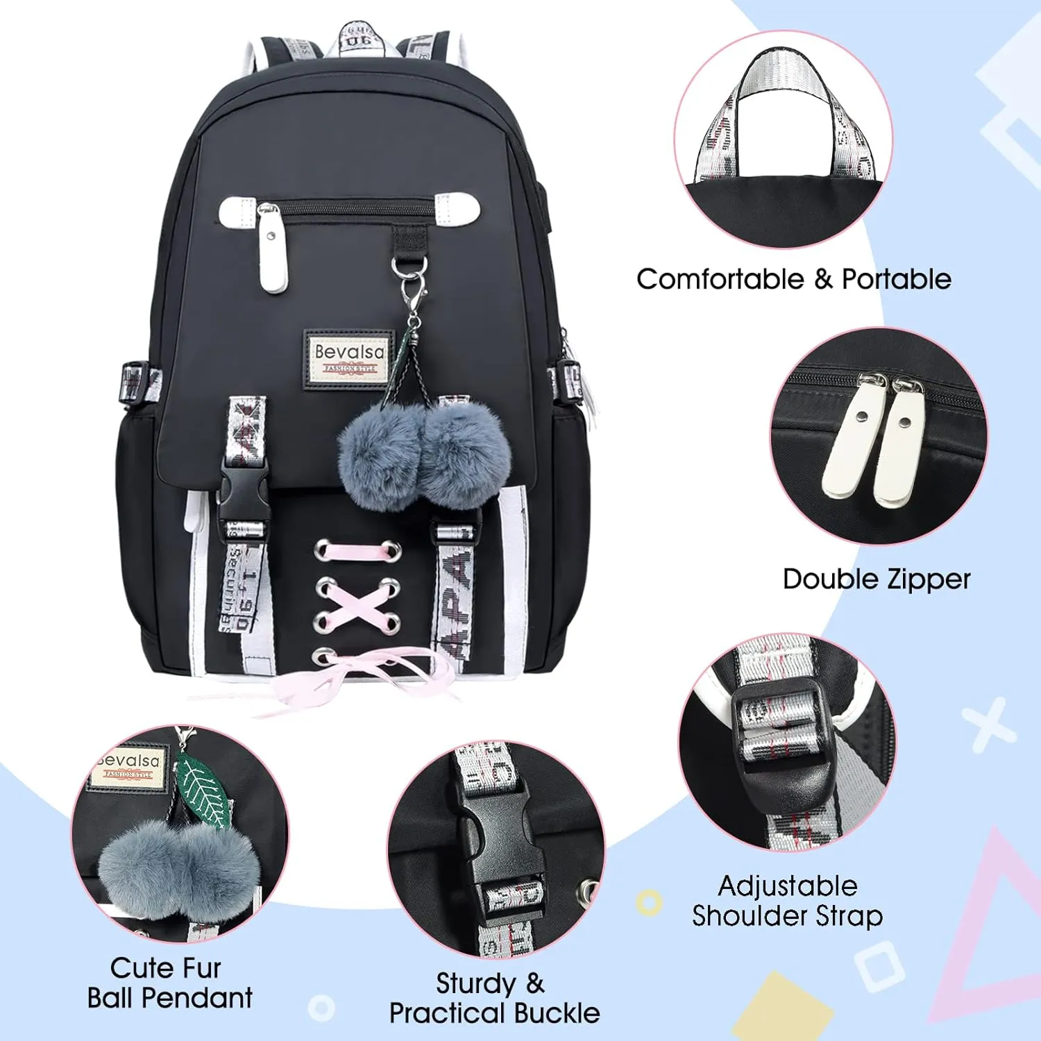 Bevalsa Backpack with Lunch Box for Girls Kids Middle High School College Student 20L Nylon Water Resistant Casual Daypack Children Schoolbag Bookbag with USB Charging Port