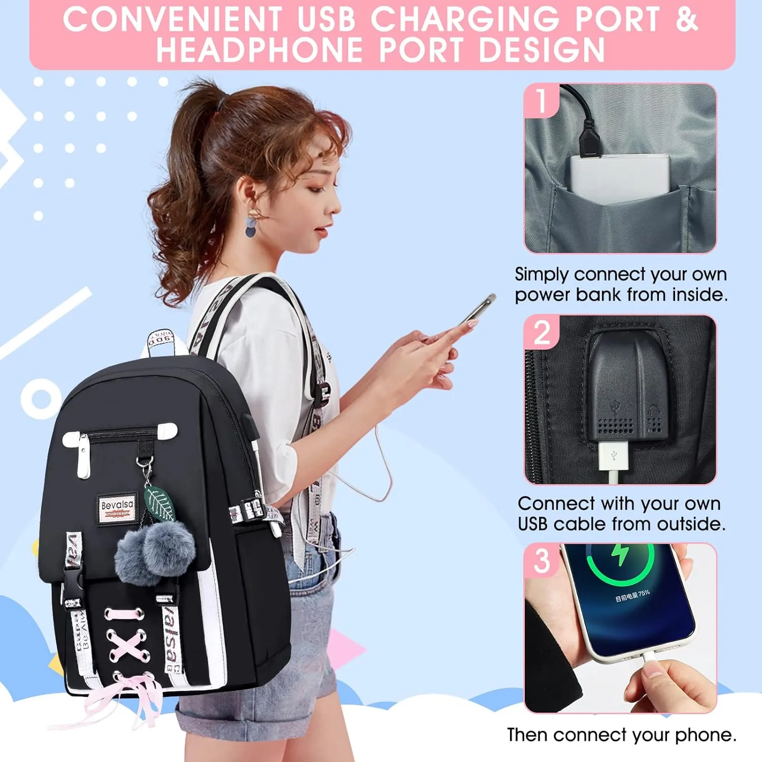 Bevalsa Backpack with Lunch Box for Girls Kids Middle High School College Student 20L Nylon Water Resistant Casual Daypack Children Schoolbag Bookbag with USB Charging Port