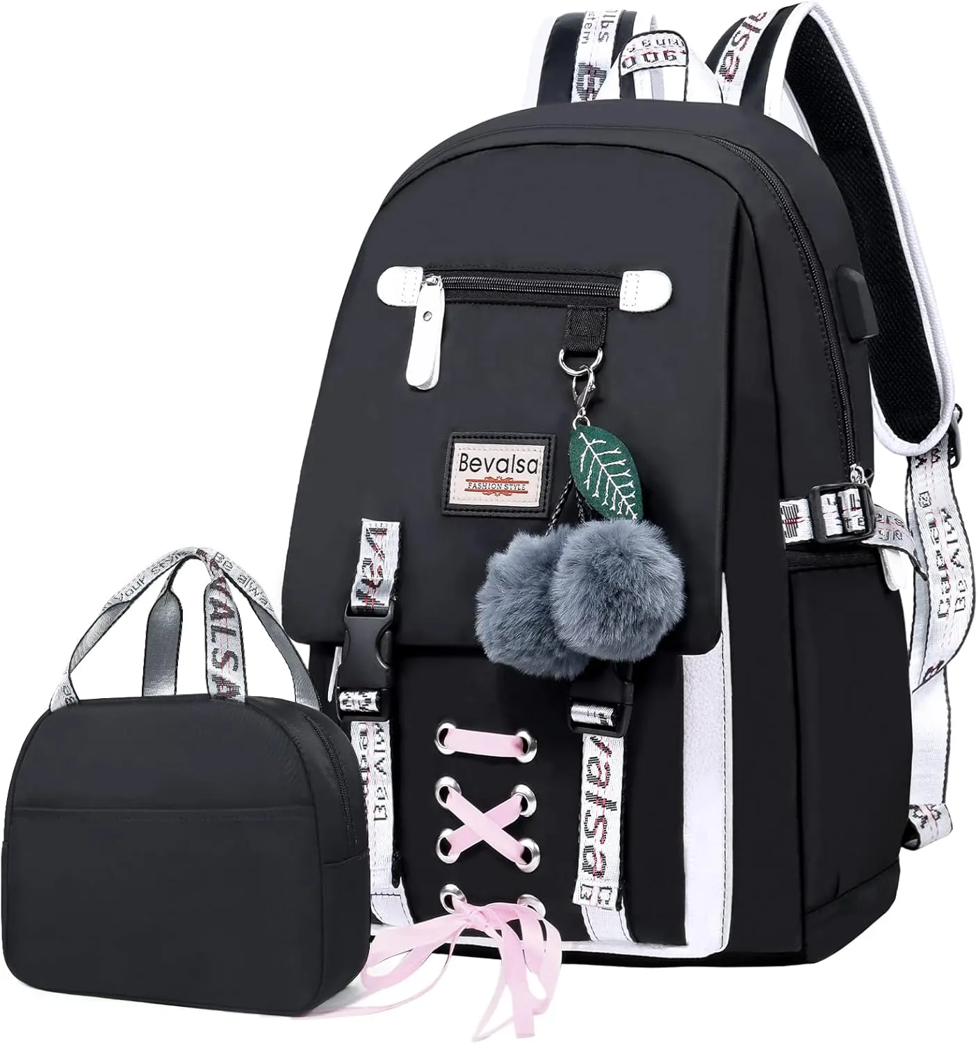 Bevalsa Backpack with Lunch Box for Girls Kids Middle High School College Student 20L Nylon Water Resistant Casual Daypack Children Schoolbag Bookbag with USB Charging Port