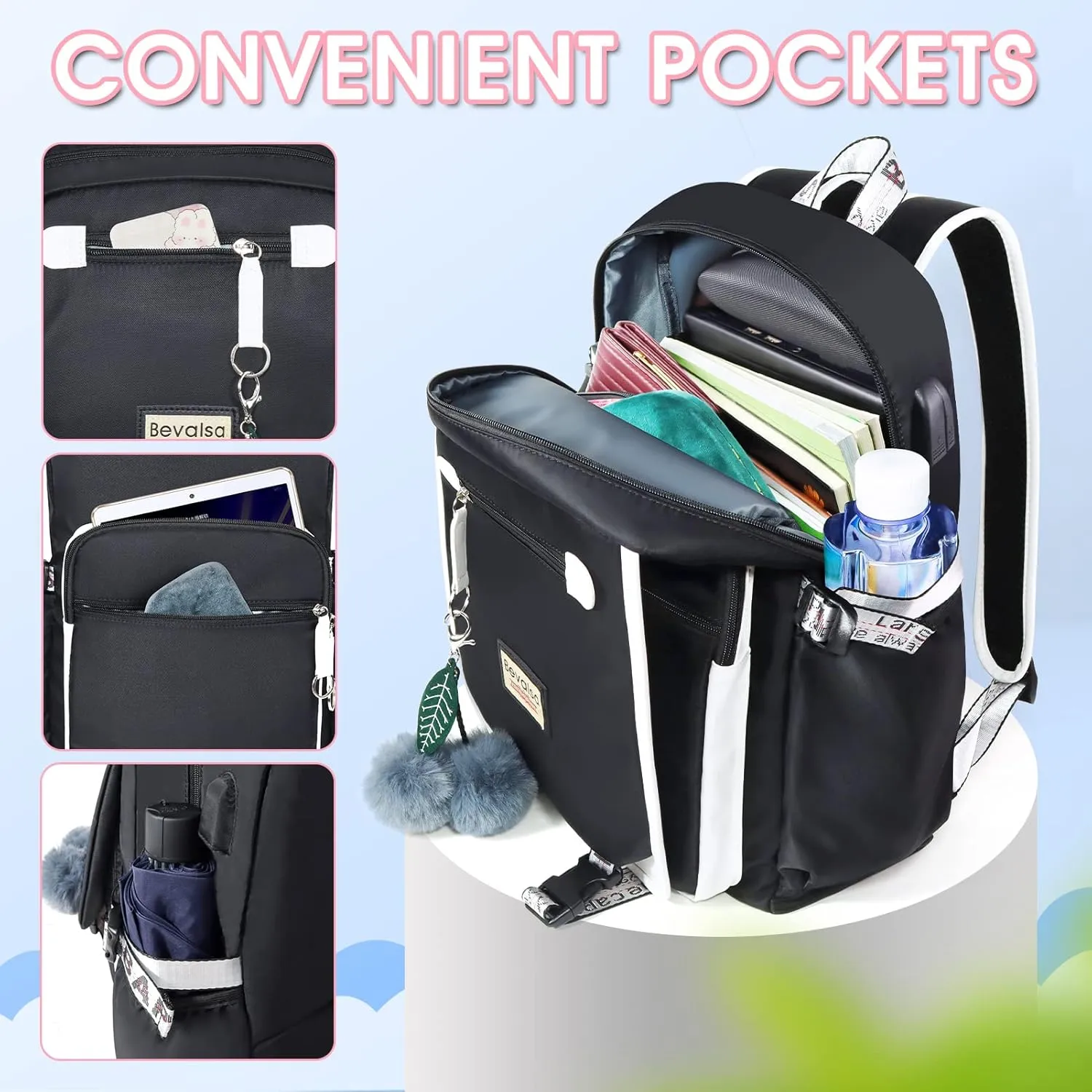 Bevalsa Backpack with Lunch Box for Girls Kids Middle High School College Student 20L Nylon Water Resistant Casual Daypack Children Schoolbag Bookbag with USB Charging Port