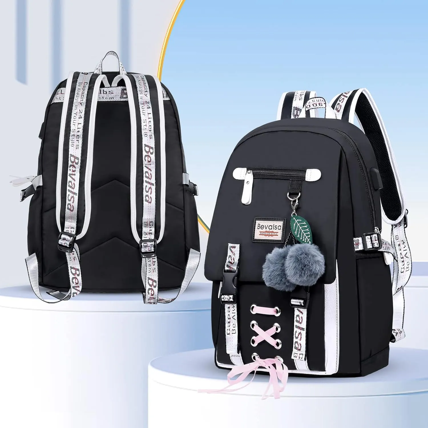 Bevalsa Backpack with Lunch Box for Girls Kids Middle High School College Student 20L Nylon Water Resistant Casual Daypack Children Schoolbag Bookbag with USB Charging Port