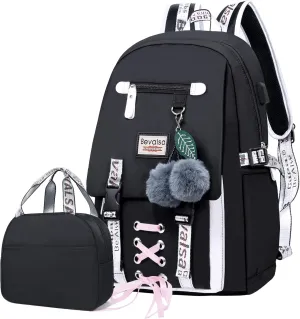 Bevalsa Backpack with Lunch Box for Girls Kids Middle High School College Student 20L Nylon Water Resistant Casual Daypack Children Schoolbag Bookbag with USB Charging Port