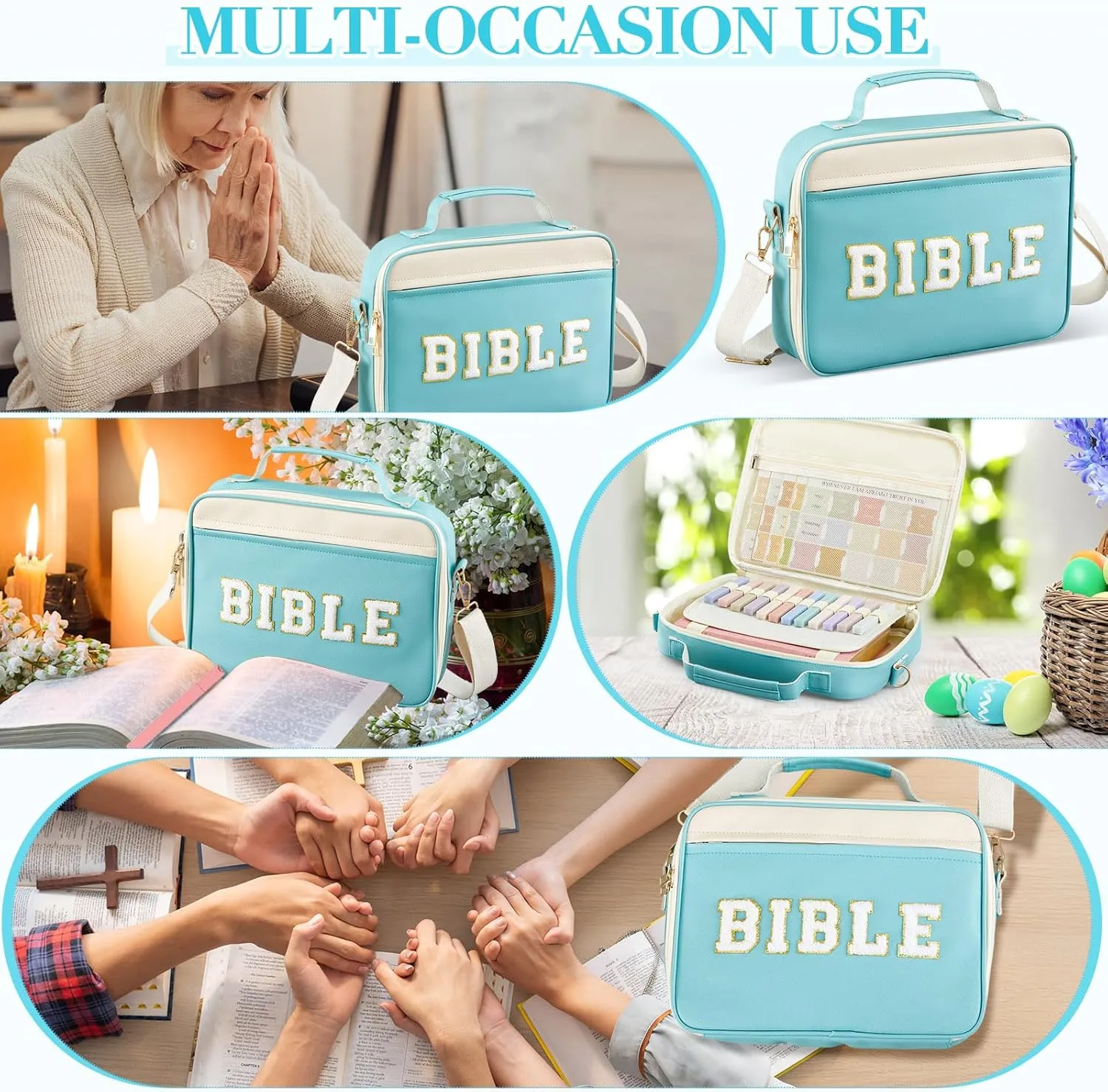 Bible Cover Case for Women,Christian Gifts for Church,VBS,Large PU Leather Chenille Letter Bible Bag with Shoulder Strap,Tabs,6 Colored Gel Pen 12 Highlighters,12 x 9 x 2.5(Cyan)