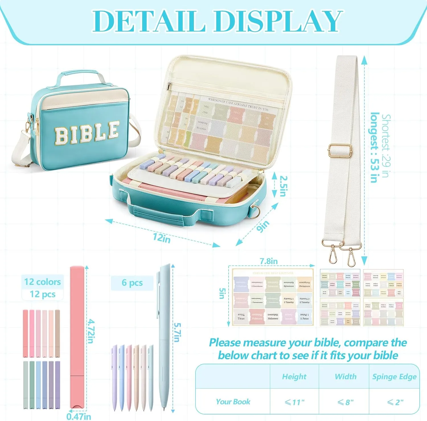 Bible Cover Case for Women,Christian Gifts for Church,VBS,Large PU Leather Chenille Letter Bible Bag with Shoulder Strap,Tabs,6 Colored Gel Pen 12 Highlighters,12 x 9 x 2.5(Cyan)