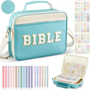 Bible Cover Case for Women,Christian Gifts for Church,VBS,Large PU Leather Chenille Letter Bible Bag with Shoulder Strap,Tabs,6 Colored Gel Pen 12 Highlighters,12 x 9 x 2.5(Cyan)