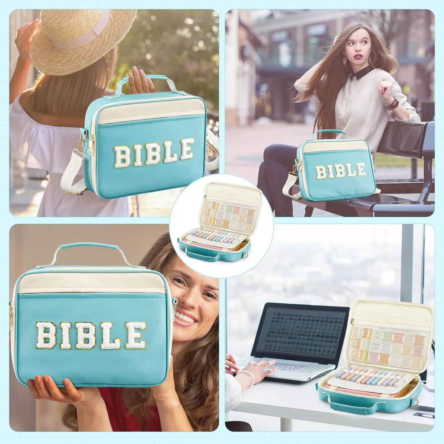 Bible Cover Case for Women,Christian Gifts for Church,VBS,Large PU Leather Chenille Letter Bible Bag with Shoulder Strap,Tabs,6 Colored Gel Pen 12 Highlighters,12 x 9 x 2.5(Cyan)