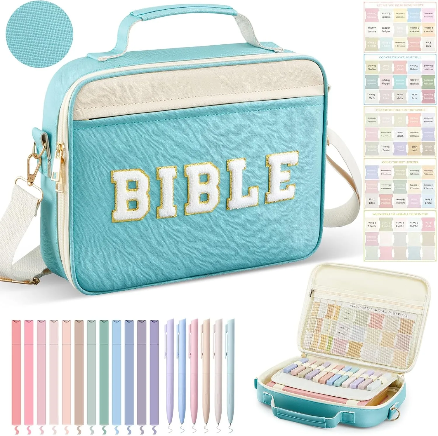 Bible Cover Case for Women,Christian Gifts for Church,VBS,Large PU Leather Chenille Letter Bible Bag with Shoulder Strap,Tabs,6 Colored Gel Pen 12 Highlighters,12 x 9 x 2.5(Cyan)