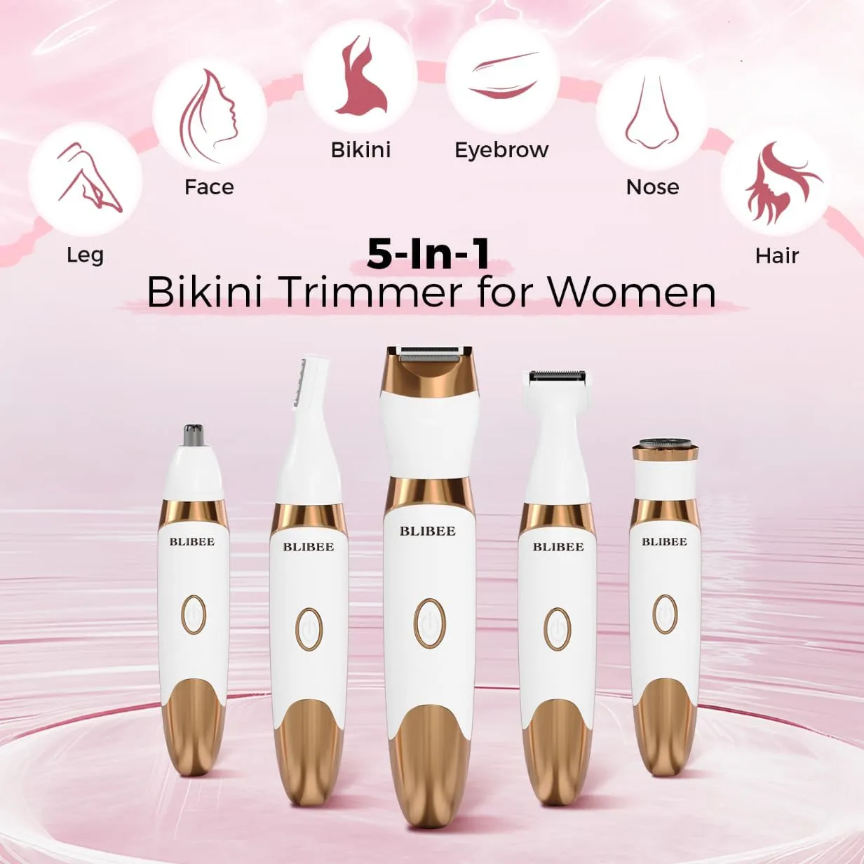 Bikini Trimmer for Women, LED Display Electric Razors for Women, 5-in-1 Electric Shaver, Rechargeable Painless Pubic Hair Trimmer for Legs, Underarms, Face & Sensitive Skin (Gold)
