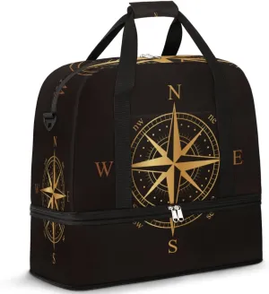 Black And Gold Compass Travel Duffle Bag, Large Sports Gym Bag with Shoe Compartment, Waterproof Carry on Tote Bag, Foldable Weekender Overnight Bag for Women Men