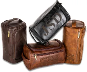 Bleggeit Personalized Leather Toiletry Bag For Men with Hook, Groomsmen Gifts Travel Bag Laser Engraved Name Monogram PU Leather Gift For Him Husband Father Leather Dopp Kit with Side Handle